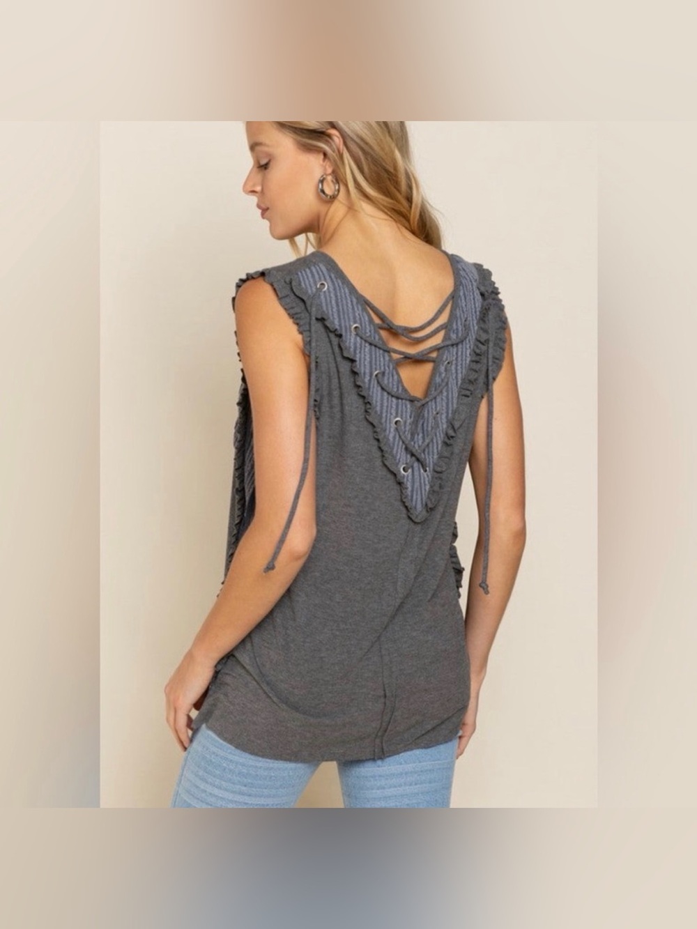 POL Gray Blue Lace Up Back Sleeveless Tank Top Blouse Womens MEDIUM EUC